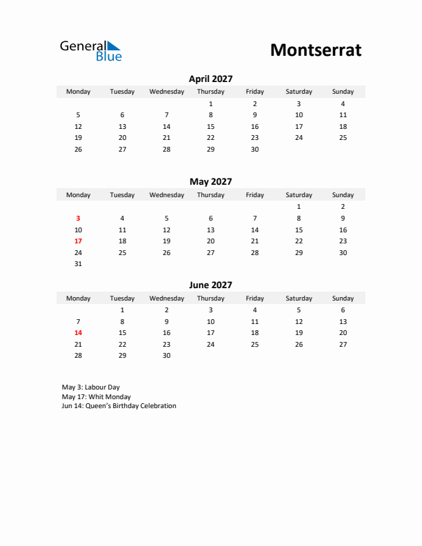 Printable Quarterly Calendar with Notes and Montserrat Holidays- Q2 of 2027