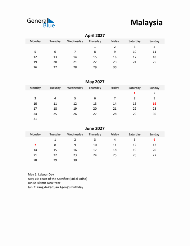Printable Quarterly Calendar with Notes and Malaysia Holidays- Q2 of 2027