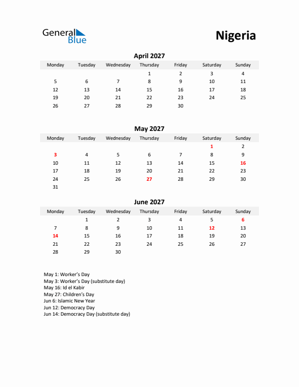 Printable Quarterly Calendar with Notes and Nigeria Holidays- Q2 of 2027