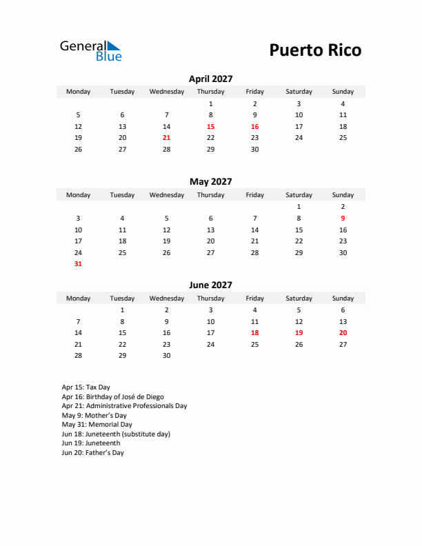 Printable Quarterly Calendar with Notes and Puerto Rico Holidays- Q2 of 2027