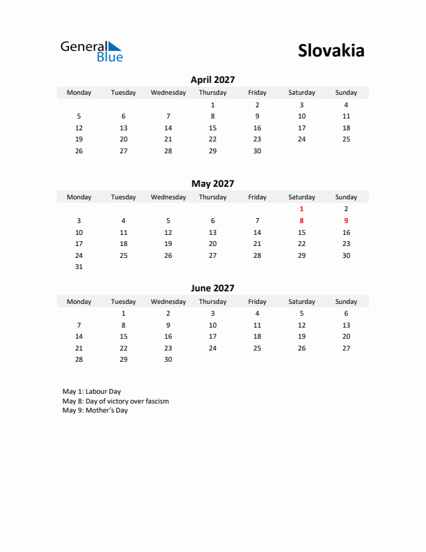 Printable Quarterly Calendar with Notes and Slovakia Holidays- Q2 of 2027