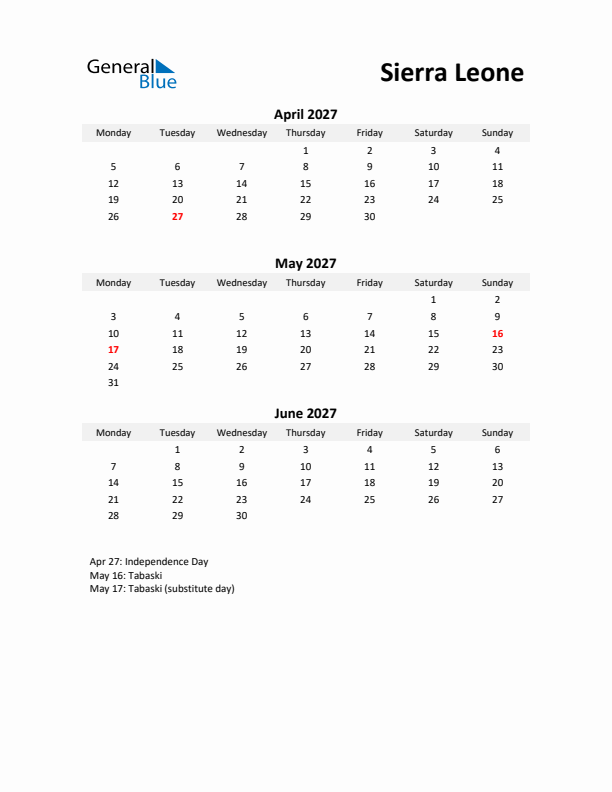 Printable Quarterly Calendar with Notes and Sierra Leone Holidays- Q2 of 2027