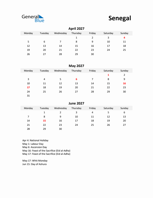 Printable Quarterly Calendar with Notes and Senegal Holidays- Q2 of 2027