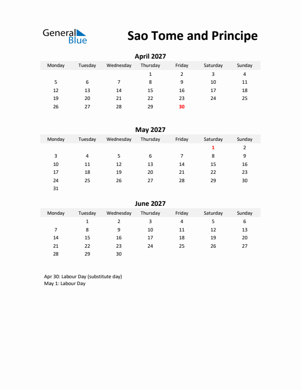 Printable Quarterly Calendar with Notes and Sao Tome and Principe Holidays- Q2 of 2027