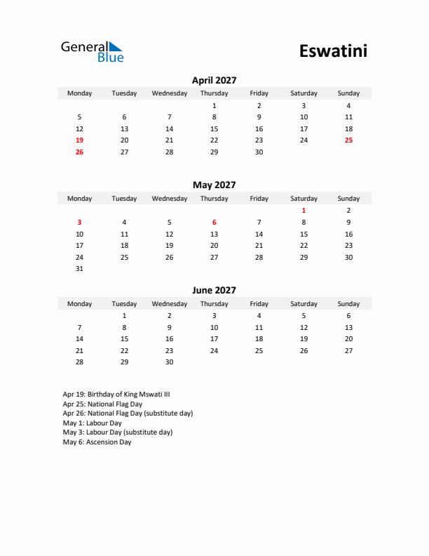 Printable Quarterly Calendar with Notes and Eswatini Holidays- Q2 of 2027