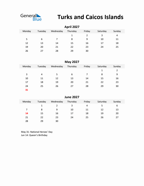 Printable Quarterly Calendar with Notes and Turks and Caicos Islands Holidays- Q2 of 2027