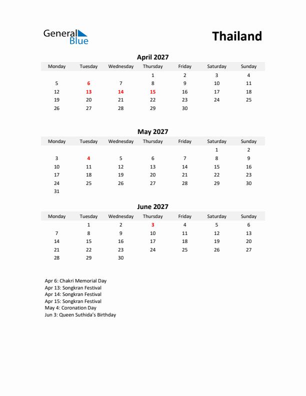 Printable Quarterly Calendar with Notes and Thailand Holidays- Q2 of 2027