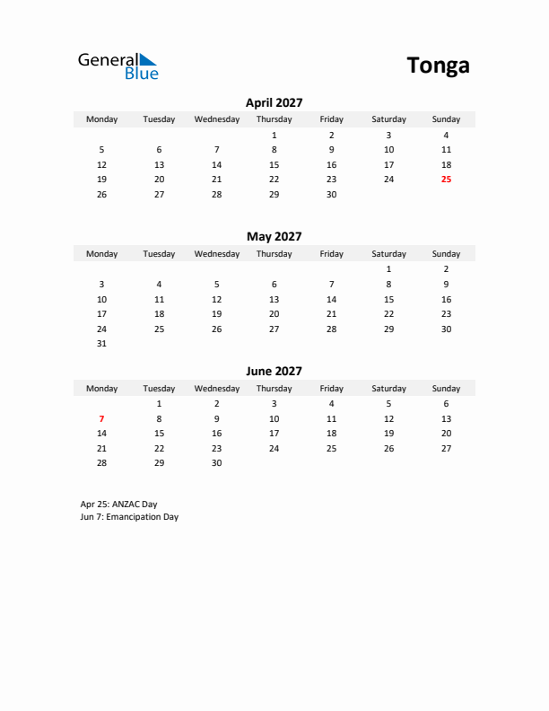 Printable Quarterly Calendar with Notes and Tonga Holidays- Q2 of 2027