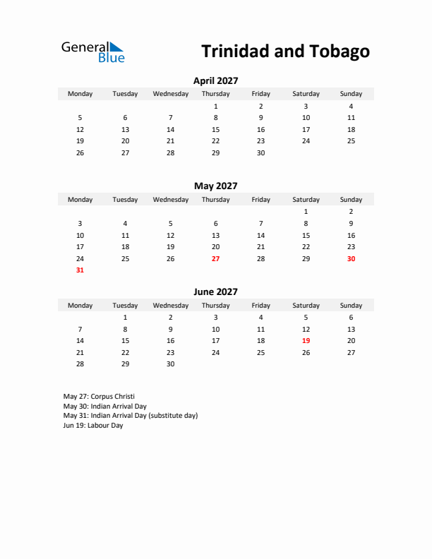 Printable Quarterly Calendar with Notes and Trinidad and Tobago Holidays- Q2 of 2027