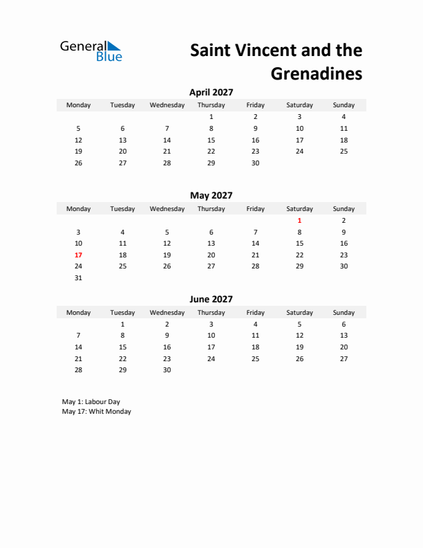 Printable Quarterly Calendar with Notes and Saint Vincent and the Grenadines Holidays- Q2 of 2027