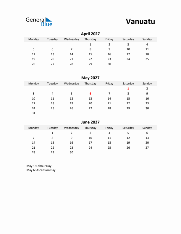 Printable Quarterly Calendar with Notes and Vanuatu Holidays- Q2 of 2027