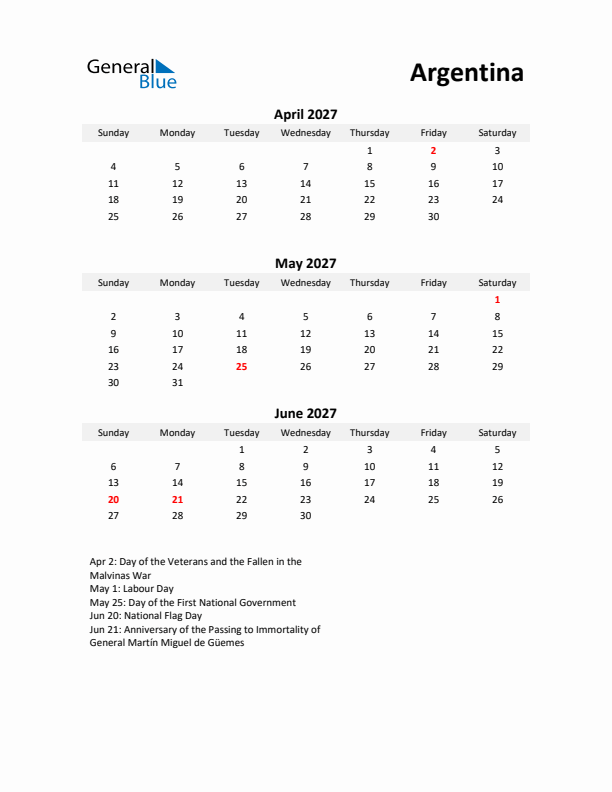 Printable Quarterly Calendar with Notes and Argentina Holidays- Q2 of 2027