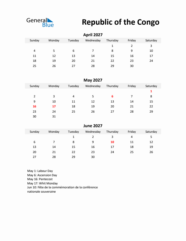 Printable Quarterly Calendar with Notes and Republic of the Congo Holidays- Q2 of 2027