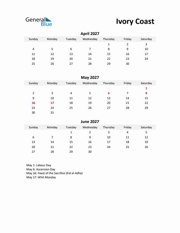 Printable Quarterly Calendar with Notes and Ivory Coast Holidays- Q2 of 2027