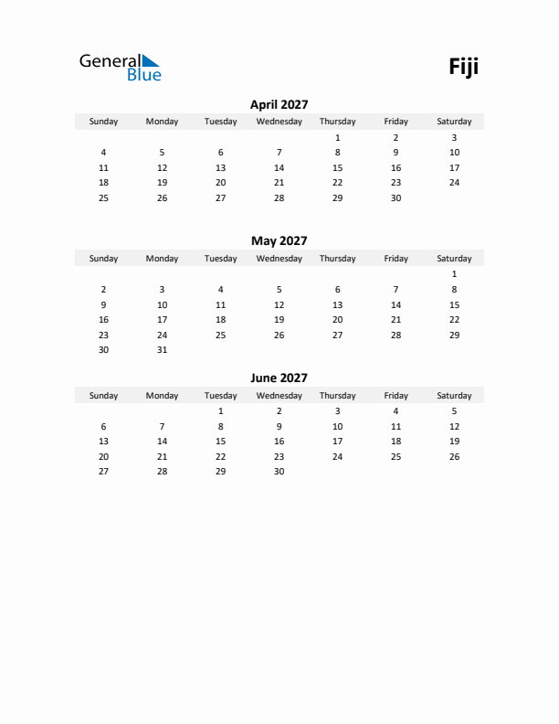 Printable Quarterly Calendar with Notes and Fiji Holidays- Q2 of 2027