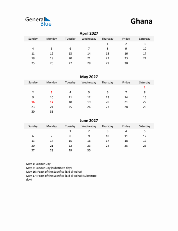 Printable Quarterly Calendar with Notes and Ghana Holidays- Q2 of 2027