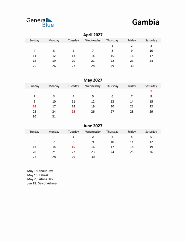 Printable Quarterly Calendar with Notes and Gambia Holidays- Q2 of 2027