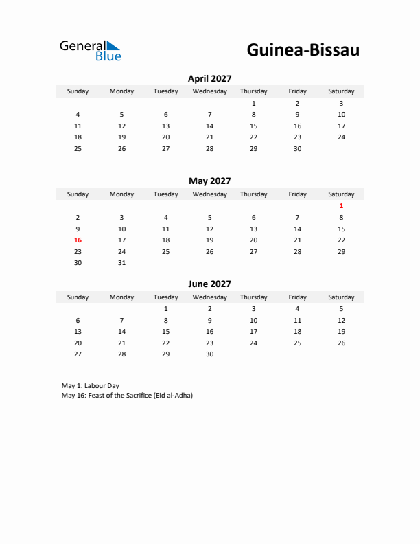 Printable Quarterly Calendar with Notes and Guinea-Bissau Holidays- Q2 of 2027