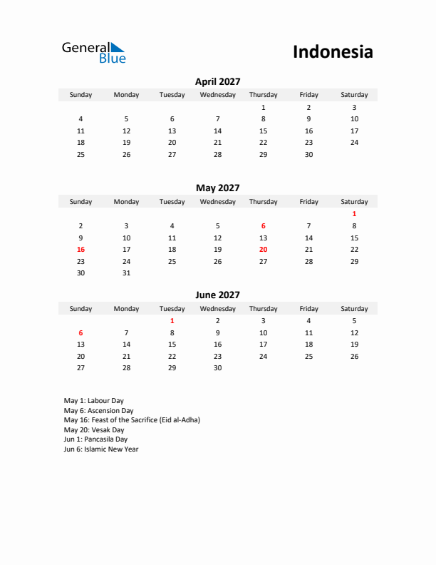 Printable Quarterly Calendar with Notes and Indonesia Holidays- Q2 of 2027