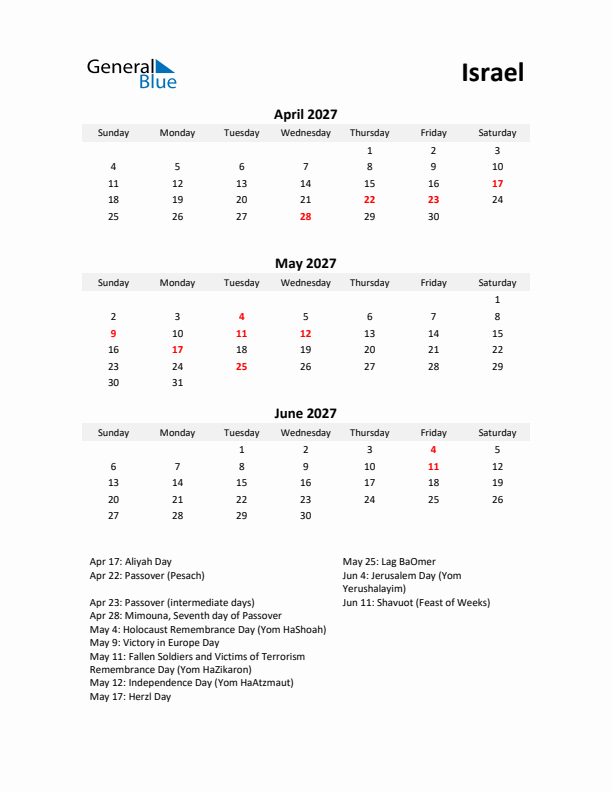 Printable Quarterly Calendar with Notes and Israel Holidays- Q2 of 2027