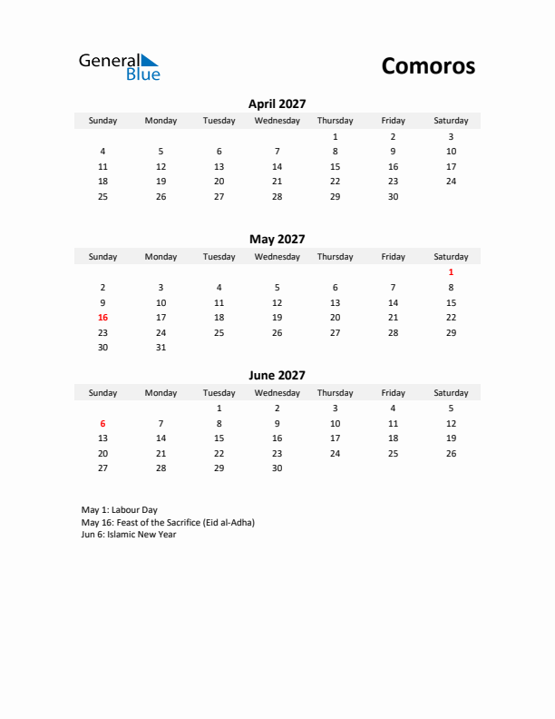 Printable Quarterly Calendar with Notes and Comoros Holidays- Q2 of 2027