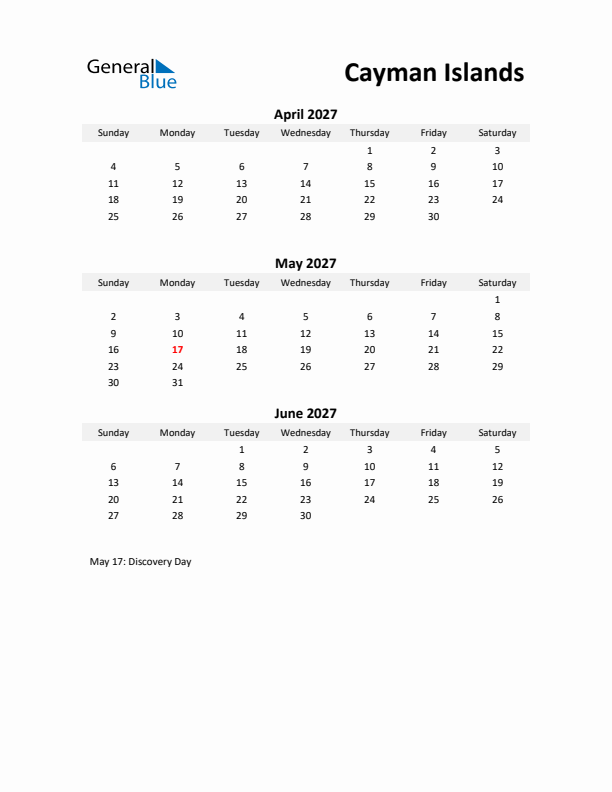 Printable Quarterly Calendar with Notes and Cayman Islands Holidays- Q2 of 2027
