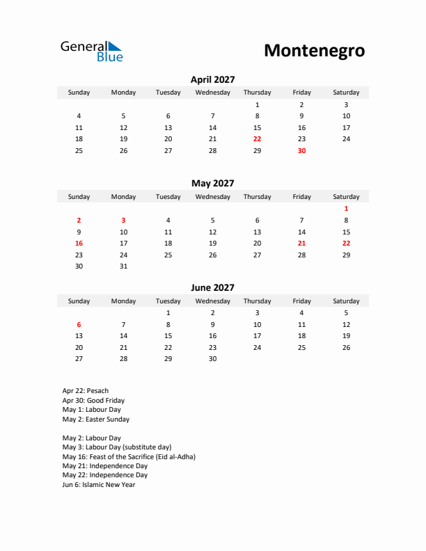 Printable Quarterly Calendar with Notes and Montenegro Holidays- Q2 of 2027