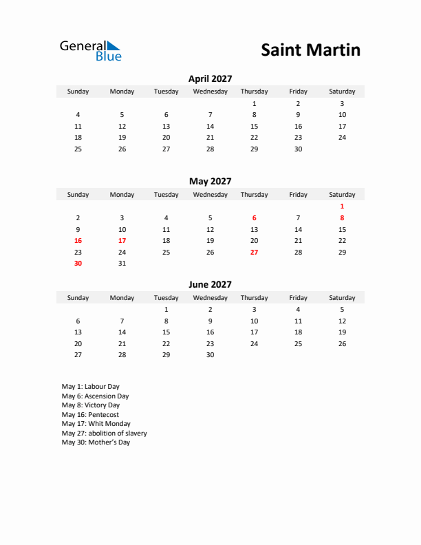 Printable Quarterly Calendar with Notes and Saint Martin Holidays- Q2 of 2027