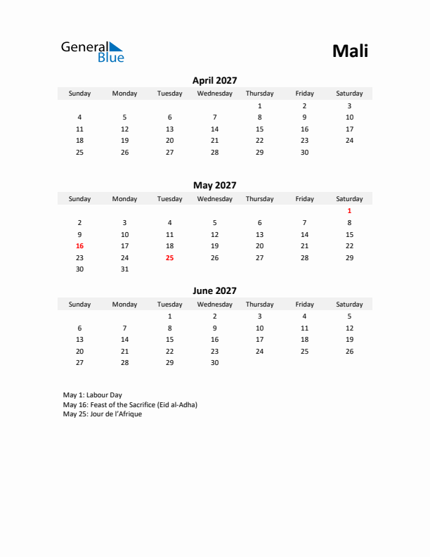 Printable Quarterly Calendar with Notes and Mali Holidays- Q2 of 2027