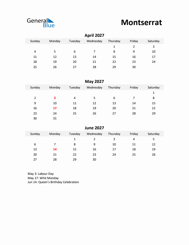 Printable Quarterly Calendar with Notes and Montserrat Holidays- Q2 of 2027