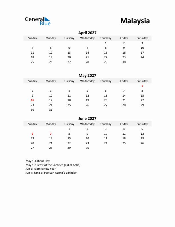 Printable Quarterly Calendar with Notes and Malaysia Holidays- Q2 of 2027