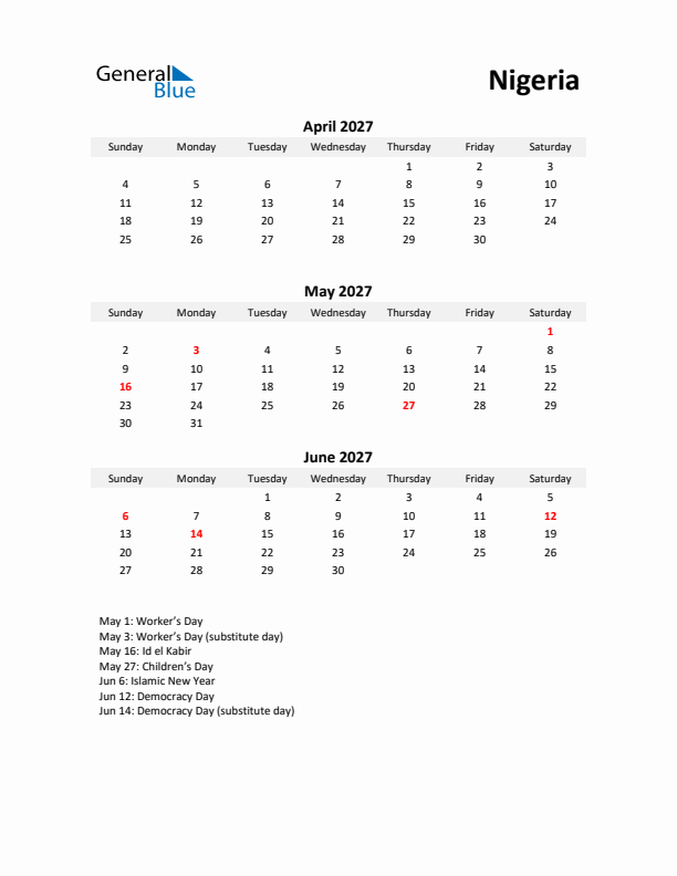 Printable Quarterly Calendar with Notes and Nigeria Holidays- Q2 of 2027