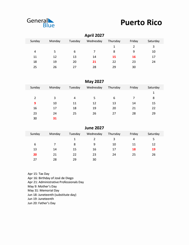Printable Quarterly Calendar with Notes and Puerto Rico Holidays- Q2 of 2027