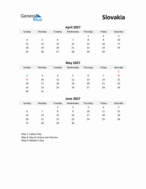 Printable Quarterly Calendar with Notes and Slovakia Holidays- Q2 of 2027