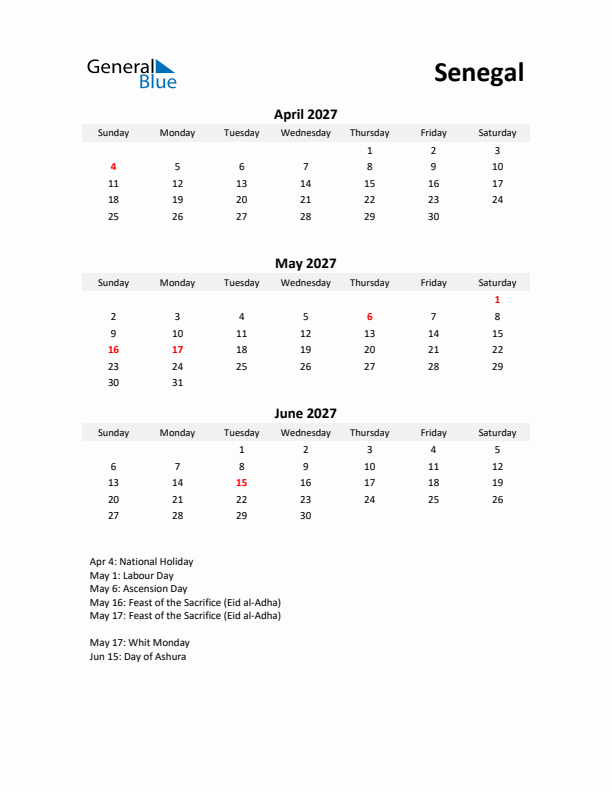 Printable Quarterly Calendar with Notes and Senegal Holidays- Q2 of 2027