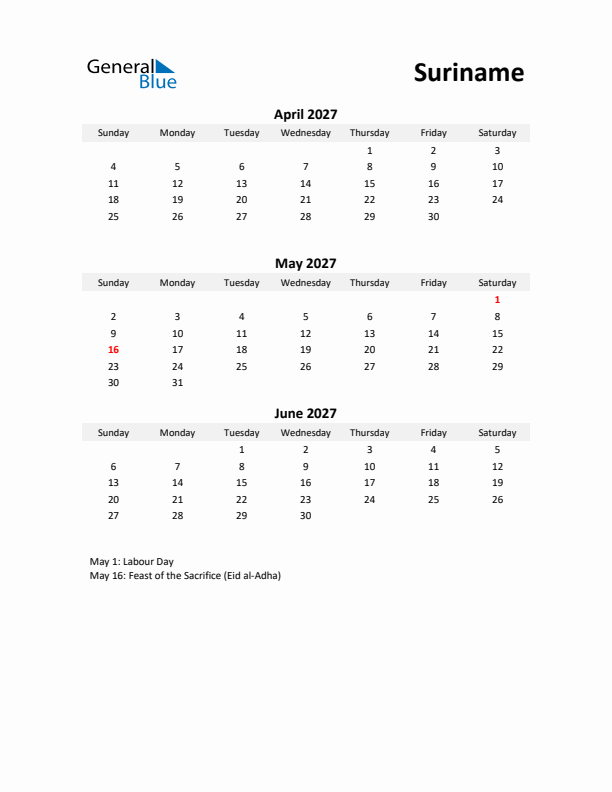 Printable Quarterly Calendar with Notes and Suriname Holidays- Q2 of 2027