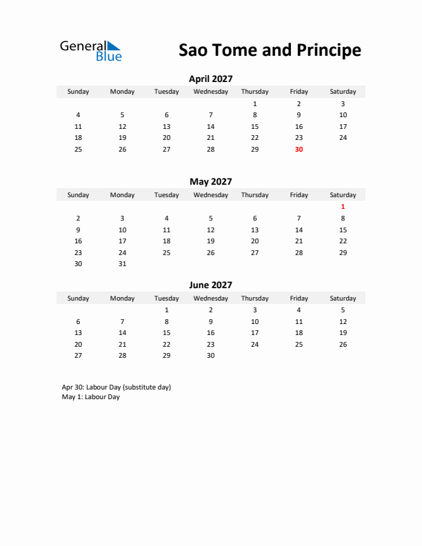 Printable Quarterly Calendar with Notes and Sao Tome and Principe Holidays- Q2 of 2027