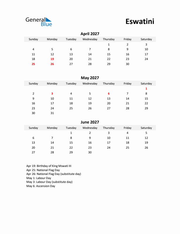 Printable Quarterly Calendar with Notes and Eswatini Holidays- Q2 of 2027