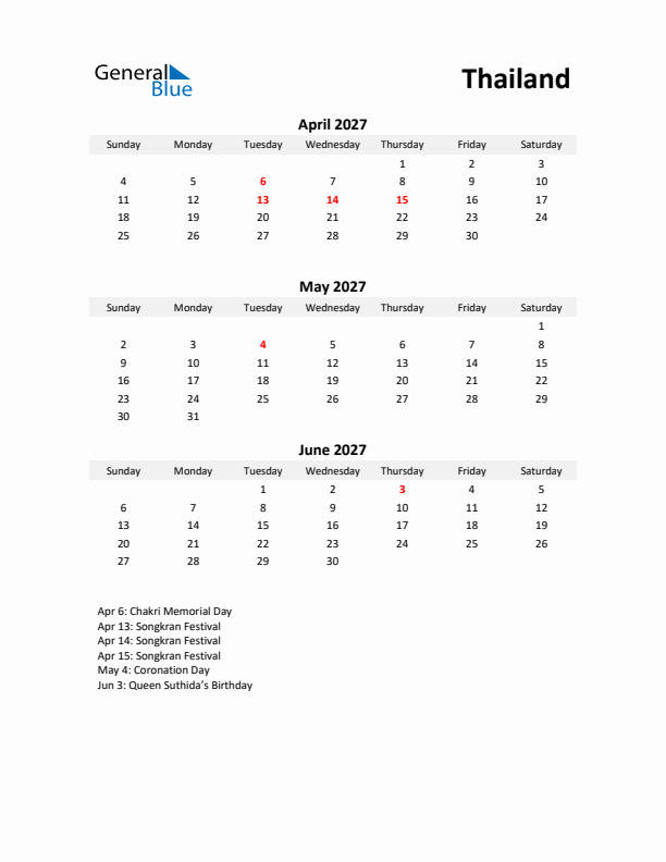 Printable Quarterly Calendar with Notes and Thailand Holidays- Q2 of 2027