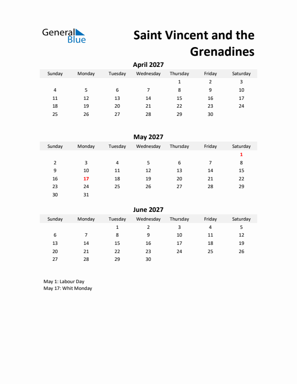 Printable Quarterly Calendar with Notes and Saint Vincent and the Grenadines Holidays- Q2 of 2027