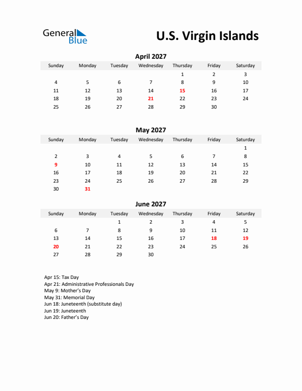 Printable Quarterly Calendar with Notes and U.S. Virgin Islands Holidays- Q2 of 2027