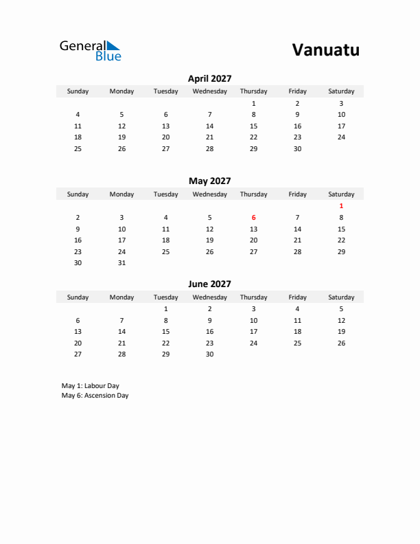 Printable Quarterly Calendar with Notes and Vanuatu Holidays- Q2 of 2027