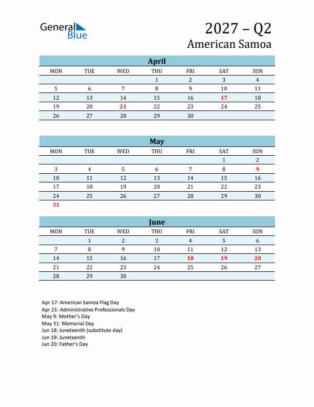 Three-Month Planner for Q2 2027 with Holidays - American Samoa