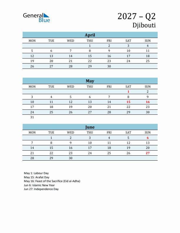 Three-Month Planner for Q2 2027 with Holidays - Djibouti