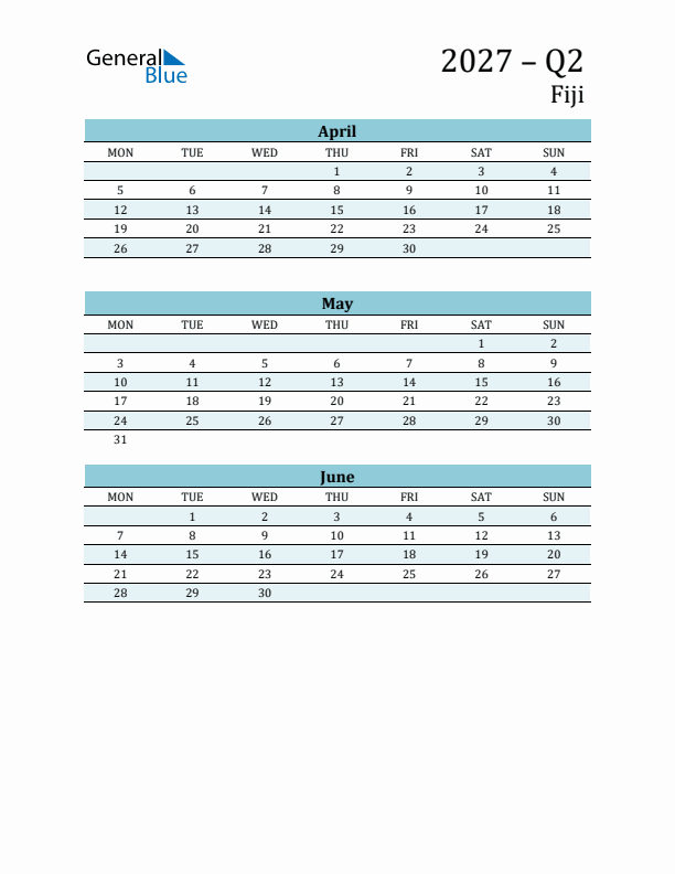 Three-Month Planner for Q2 2027 with Holidays - Fiji