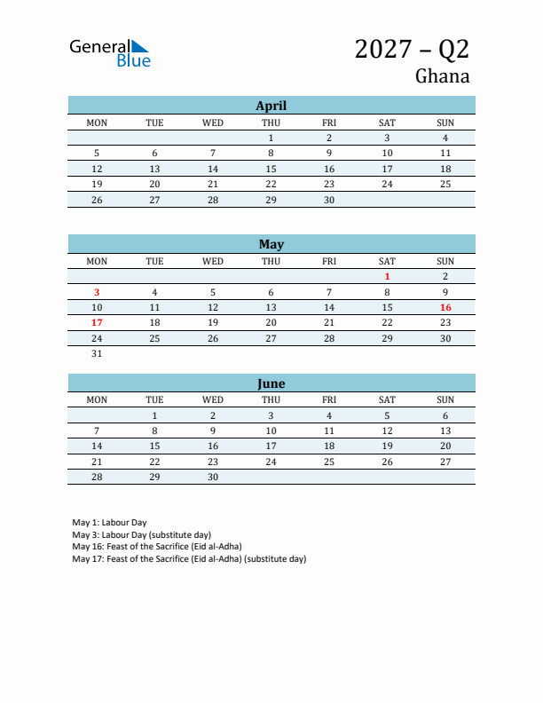 Three-Month Planner for Q2 2027 with Holidays - Ghana
