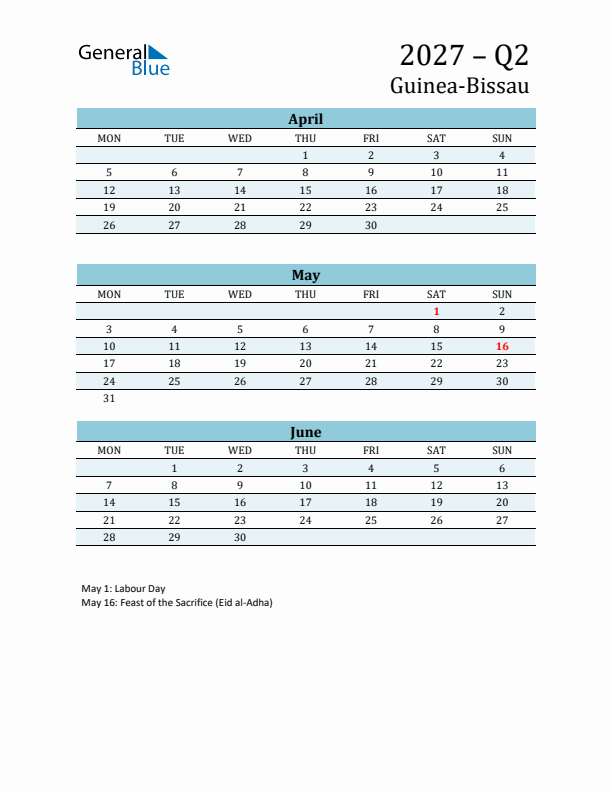 Three-Month Planner for Q2 2027 with Holidays - Guinea-Bissau