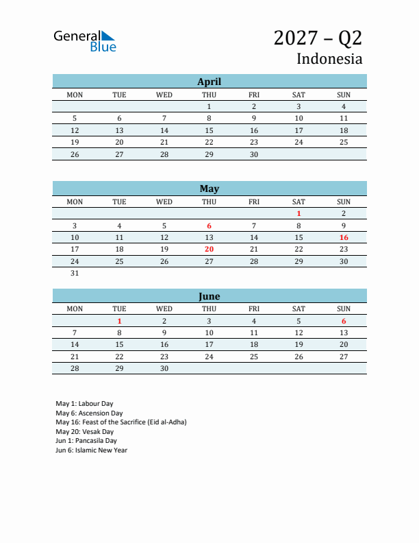 Three-Month Planner for Q2 2027 with Holidays - Indonesia