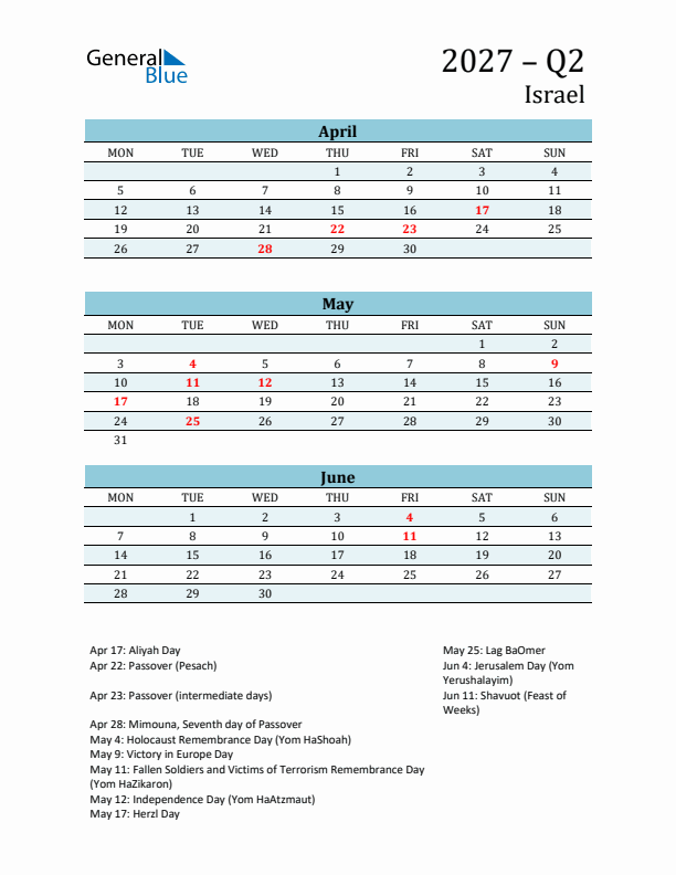 Three-Month Planner for Q2 2027 with Holidays - Israel