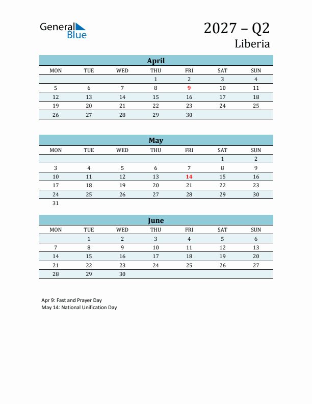 Three-Month Planner for Q2 2027 with Holidays - Liberia